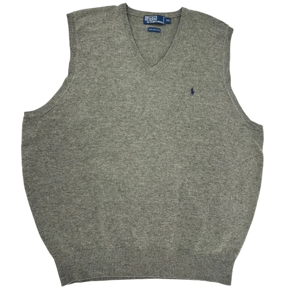 Polo Ralph Lauren Mens V Neck Sweater Vest XXL Lambs Wool Heather Gray Logo
